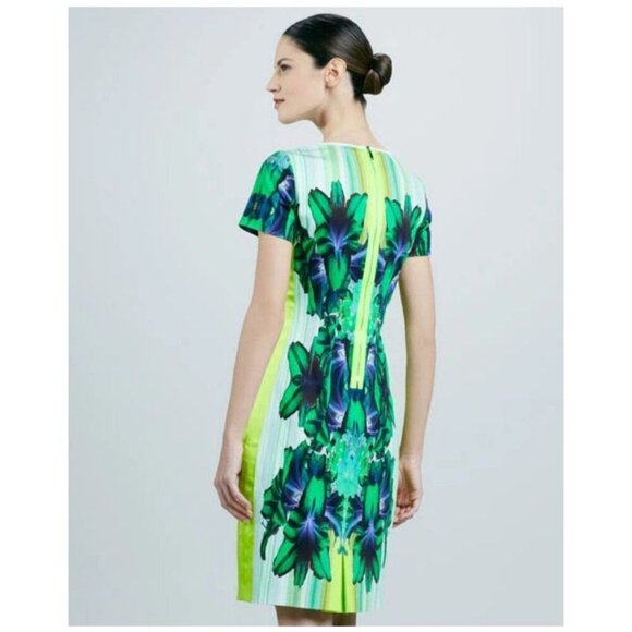 Elie Tahari Angie Lime Green Mirror Orchid Sheath Midi Dress US 10 Maximalism - Picture 2 of 13